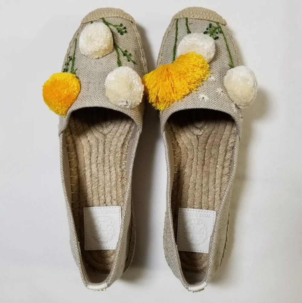 NIB Tory Burch‎ Lily Platform Espadrille Linen/Embroidery in Natural Size 9.5